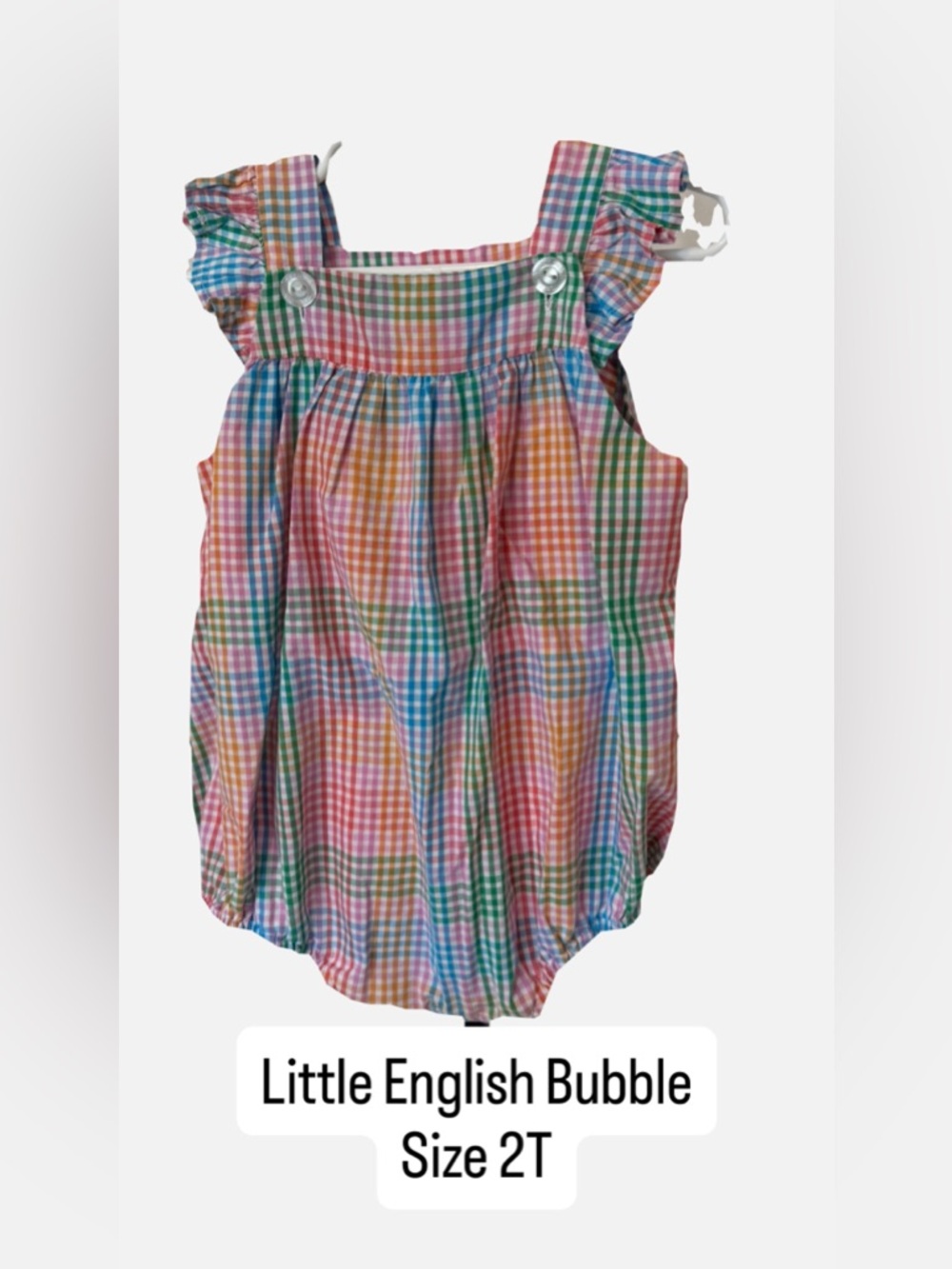 Little English Girls Rainbow Gingham Bubble Romper 2T Ruffle Strap Snap Bottom